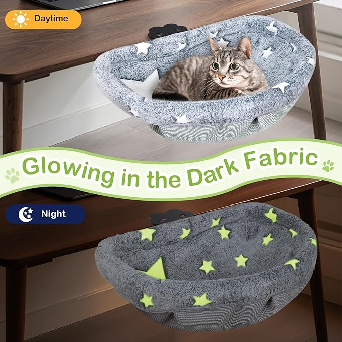 Cat Desk Bed with Clamp, Glow in The Dark Cat Desk Hammock, Desk Perch with Removable Washable Cover, Sturdy Metal Frame, Supports up to 50 Lbs