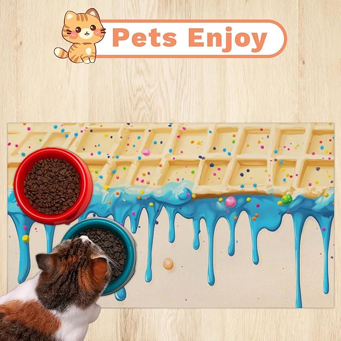 Blue Ice Cream Dog Food Mat for Floors Absorbent Dog Bowl Mat for Food and Water Dispenser Quick Dry Cat Food Placemat Pet Supplies 24" x 32", Sweet Donut
