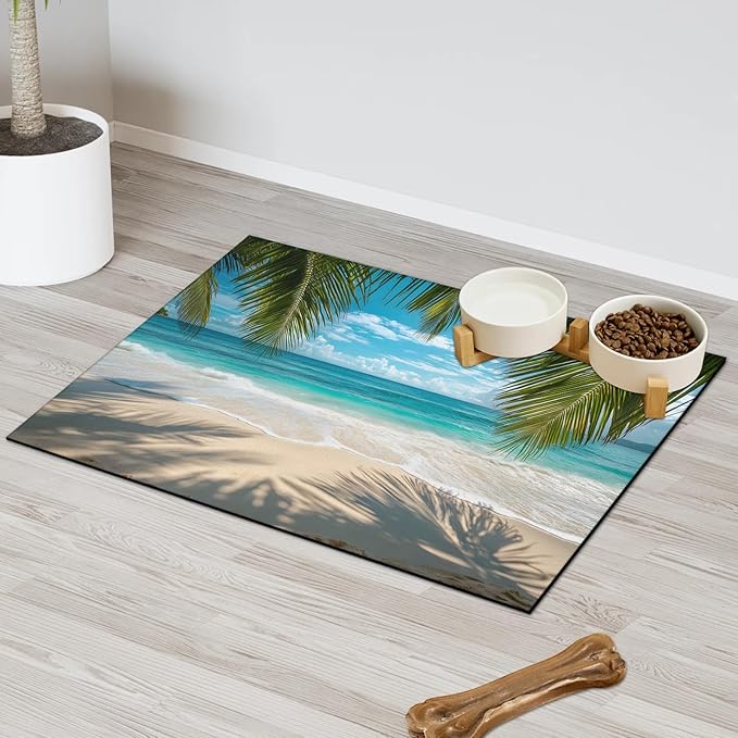 Tropical Beach Dog Food Mat for Floors Absorbent, Quick Dry Water Dispenser Mat for Food, Water, Pet Supplies 17" x 30", Summer Seaside