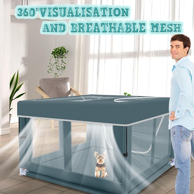 42x42 Inch Puppy Playpen with Cover, Dog Playpen for Puppies or Small Dogs, Pet Playpen for Indoor & Outdoor, Sturdy DogPen with Thickened Fabric, High-Strength Nylon Wire Mesh, Bluish Green
