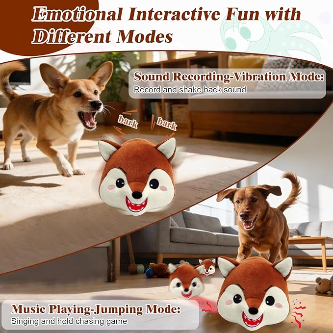 Mity rain Interactive Dog Toys Fox with Thicken Plush, Moving Dog Toy with Recording Mode Shaking & Singing Mode Bouncing, Funny Ball Jumping to Keep Them Busy & Chase, Rechargeable (No Zipper)