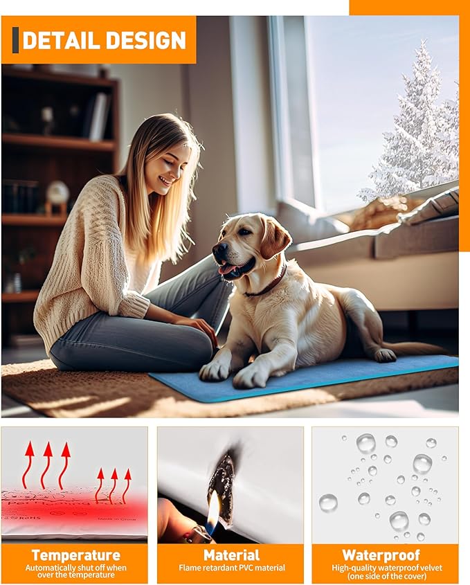 PETNF Pet Heating Pad Temperature Adjustment Anti-bite Puppy with Timer Cat Heating Pad Indoor Waterproof Pet Warming Pad Electric Heated Bed Mat Dog
