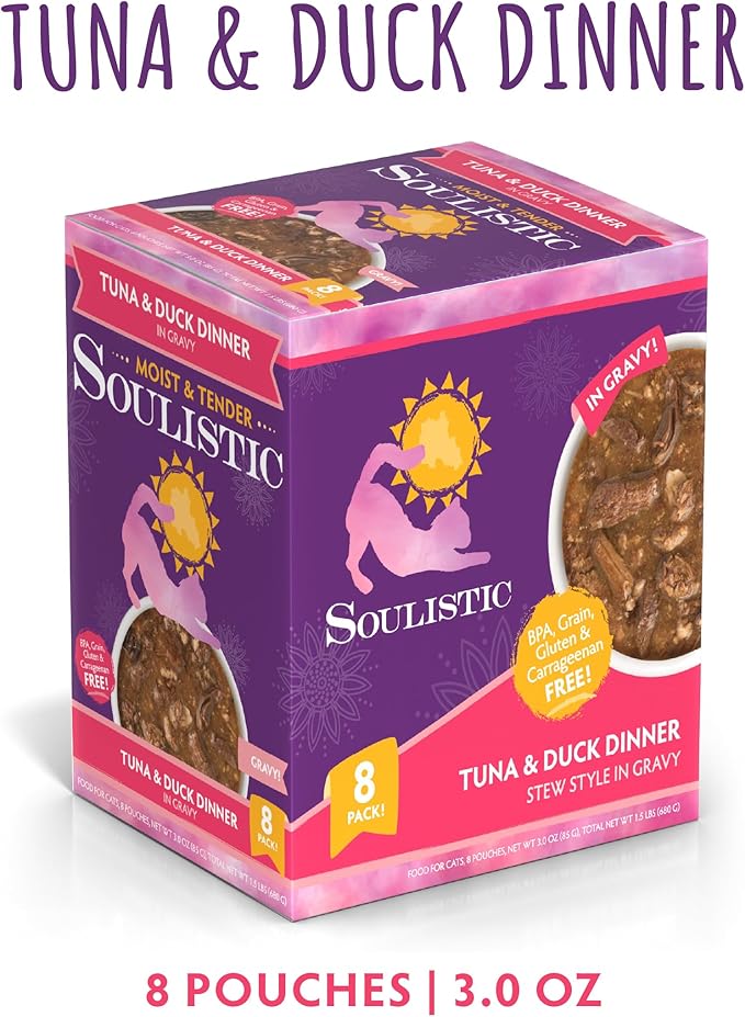 Soulistic Moist and Tender, Tuna and Duck Dinner in Gravy, 3oz Pouch, Pack of 8