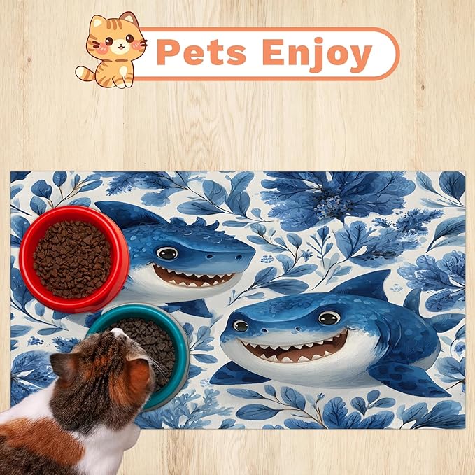 Funny Shark Dog Food Mat for Floors Absorbent Dog Bowl Mat for Food and Water Dispenser Quick Dry Cat Food Placemat Pet Supplies 12" x 20", Coastal Nautical