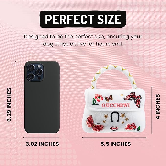 Dog Diggin Designs Gucchewi Butterfly Plush Dog Toy Purse | Luxury-Inspired Parody Designer Handbag with Squeaker, Soft Plush Fashion Dog Toy – Haute Couture Purses & Handbags