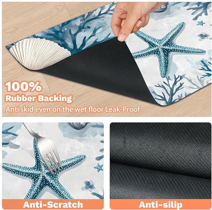 Starfish Seashells Dog Food Mat for Floors Absorbent Dog Bowl Mat for Food and Water Dispenser Quick Dry Cat Food Placemat Pet Supplies 12" x 20", Ocean Beach Coral