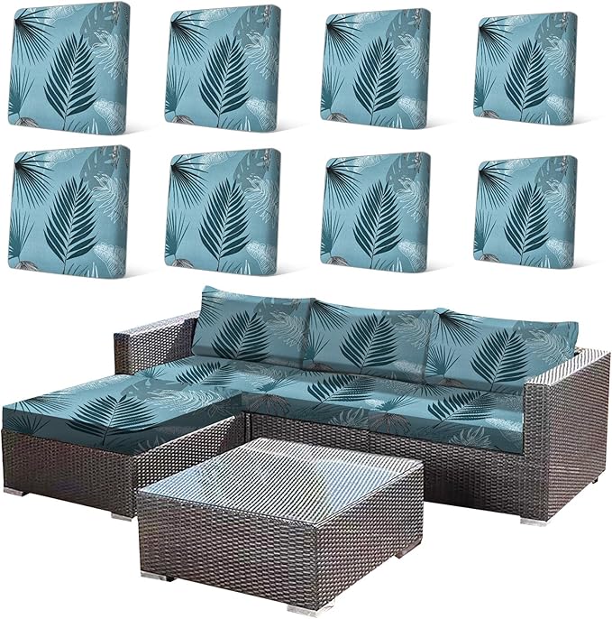 HANDONTIME 8Pcs Outdoor Patio Cushion Covers Palm Leaves Stretch Couch Cushion Cover Patio Couch Slipcover for Outdoor/Indoor Washable Non-Slip Furniture Protector for Pets (Dusty Teal,Cover Only)