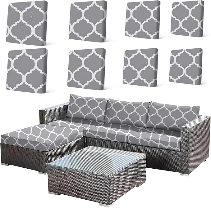 HANDONTIME 8Pcs Patio Cushion Covers Stretch Outdoor Couch Cover Replacement Cushions for Outdoor Furniture Waterproof Patio Furniture Covers for Pets Sofa Cover Washable (Grey Stiped,Cover Only)