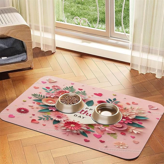 Dog Food Mat Happy Mother's Day Pink Floral Gift for Mom Ky Absorbent Water Bowl Mats Cat Pet Feeding Placemats 24x16In
