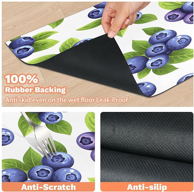 Blueberry Fruit Dog Food Mat for Floors Absorbent Dog Bowl Mat for Food and Water Dispenser Quick Dry Cat Food Placemat Pet Supplies 24" x 32", Green Leaves