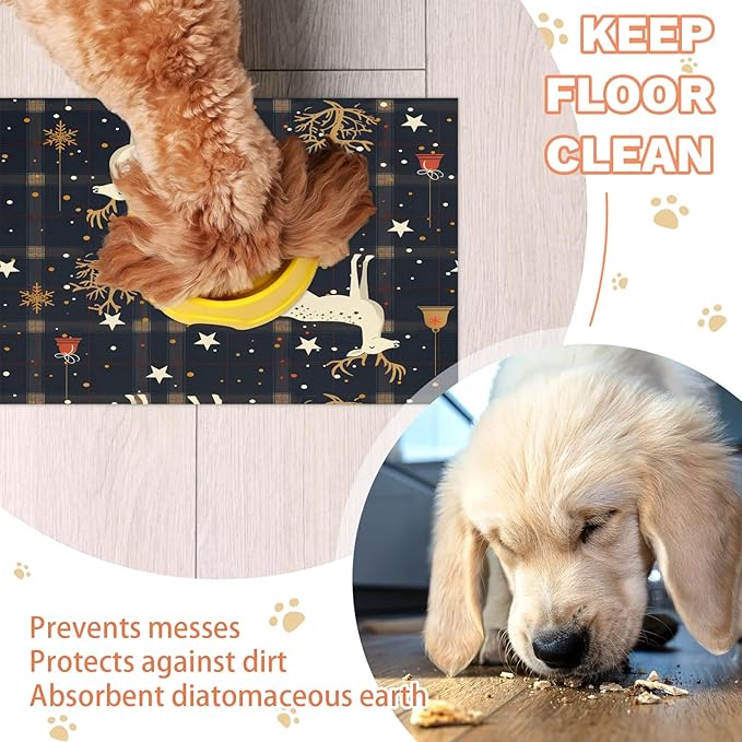 Christmas Deer Dog Food Mat for Floors Absorbent, Quick Dry Water Dispenser Mat for Food, Water, Pet Supplies 16" x 24", Xmas Tree