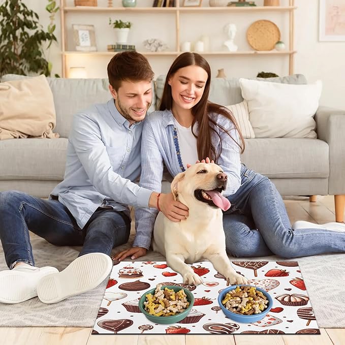 Chocolate Cake Dog Food Mat for Floors Absorbent Dog Bowl Mat for Food and Water Dispenser Quick Dry Cat Food Placemat Pet Supplies 12" x 20", Strawberry Print
