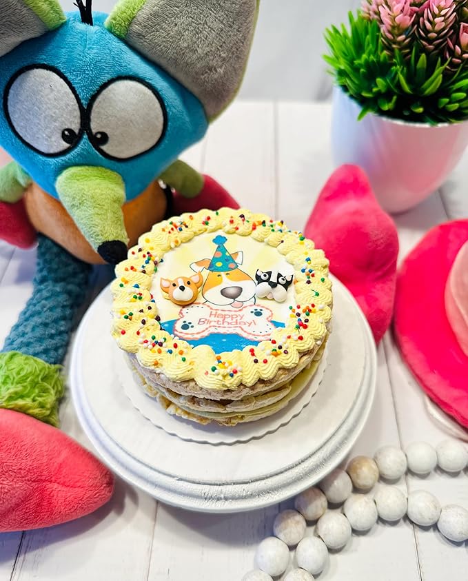 Crispy Yellow 3D Dog Birthday Cake- Edible Puppy Party Crispy Corn Grits Cake- Handmade with Love- Perfect Dog Party Cake Boxed, Iced and Decorated
