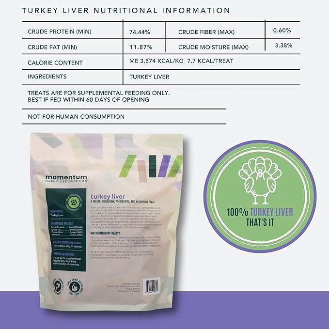 Momentum Carnivore Nutrition Freeze-Dried Turkey Liver Dog Treats & Cat Treats – Single-Ingredient, High-Protein, Grain-Free, Naturally Flavorful & Lean – Made in USA – 3.5 oz Bag