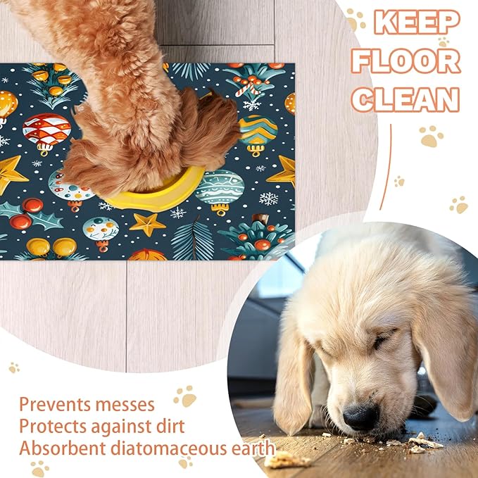 Merry Christmas Dog Food Mat for Floors Absorbent, Quick Dry Water Dispenser Mat for Food, Water, Pet Supplies 12" x 20", Ball Tree