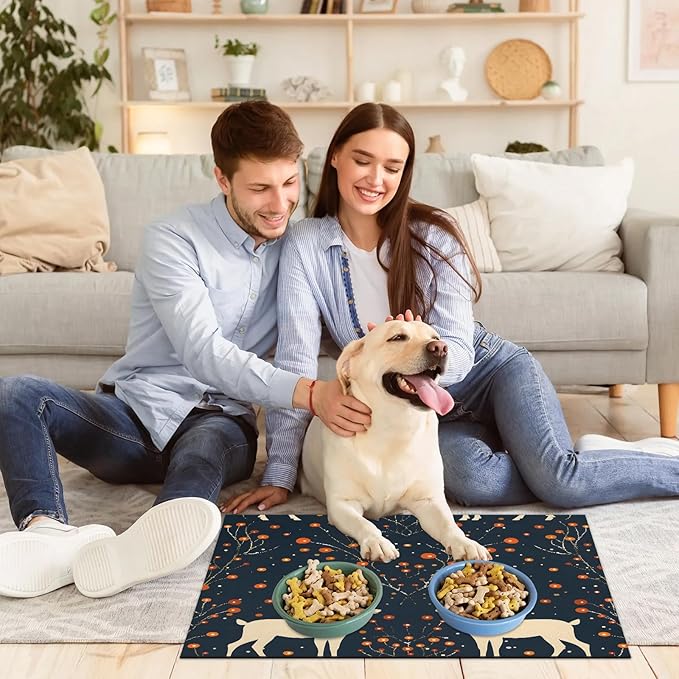 Christmas Deer Dog Food Mat for Floors Absorbent, Quick Dry Water Dispenser Mat for Food, Water, Pet Supplies 17" x 30", Holly