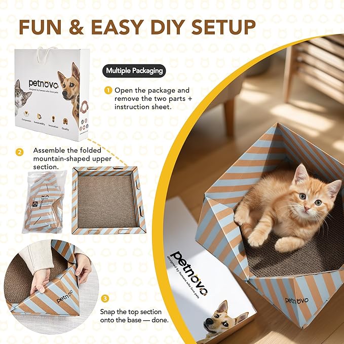 PETNOVO Foldable Cat Bed & House for Travel – Origami Cardboard Cat House with Built-in Honeycomb Scratcher Pad, No-Tools Assembly, FSC-Certified Recyclable, Grey, 18.5" L x 18.5" W x 11.8" H