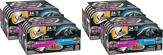 Sheba Gravy Indulgence Adult Wet Cat Food Salmon Entree in Extra Gravy and White Fish Entree Variety Pack,2.6 oz. -Pack Trays,(,24 Servings),12 Count (Pack of 4)