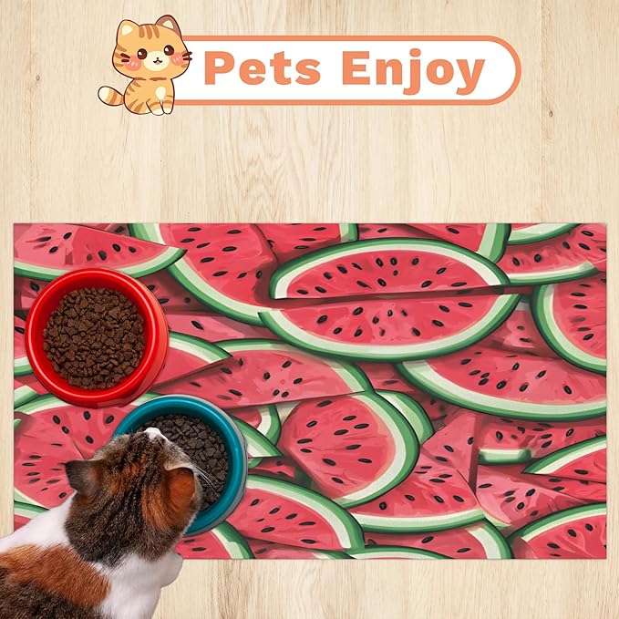 Watermelon Dog Food Mat for Floors Absorbent Dog Bowl Mat for Food and Water Dispenser Quick Dry Cat Food Placemat Pet Supplies 17" x 30", Summer Fruit