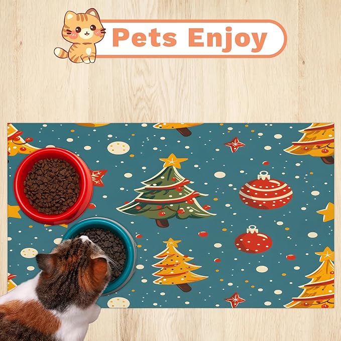 Christmas Tree Dog Food Mat for Floors Absorbent, Quick Dry Water Dispenser Mat for Food, Water, Pet Supplies 17" x 30", Xmas Ball