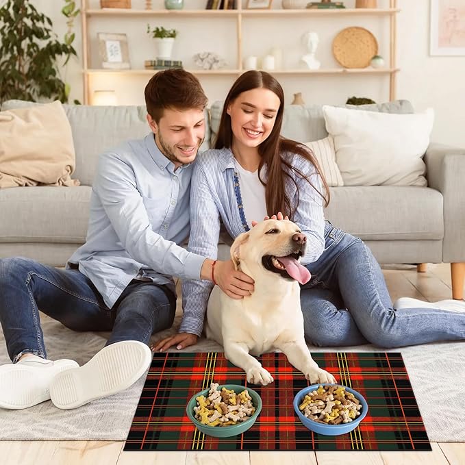 Buffalo Check Dog Food Mat for Floors Absorbent, Quick Dry Water Dispenser Mat for Food, Water, Pet Supplies 16" x 24", Red Green