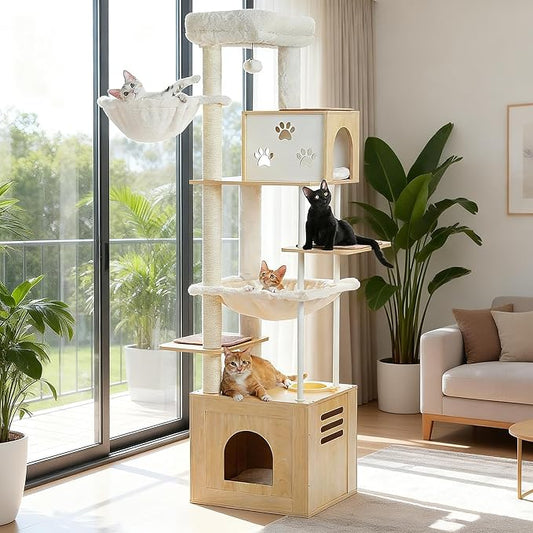 PAWZ Road Large Cat Tree with Food Station, 74.8 Inches Wooden Tall Cat Tower with Extra Large Condos and Hammocks,Spacious Perch,Sisal and Steel Posts, Scratching Mat for Indoor Adult Cats-Beige