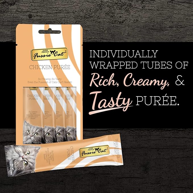 Fussie Cat Chicken Puree, lickable cat Treats, 0.5oz Pouch 4 Count (Pack of 4)