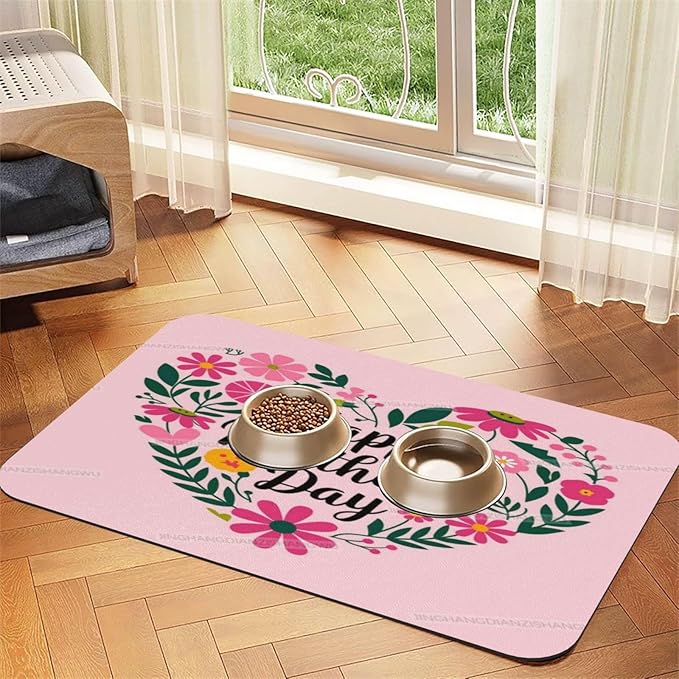 Pet Feeding Mat for Floors Waterproof Dog Mat for Food and Water Happy Mother's Day Floral Gift Mom W Absorbent Quick Dry Non Slip Mats Cat Bowls 24x16In