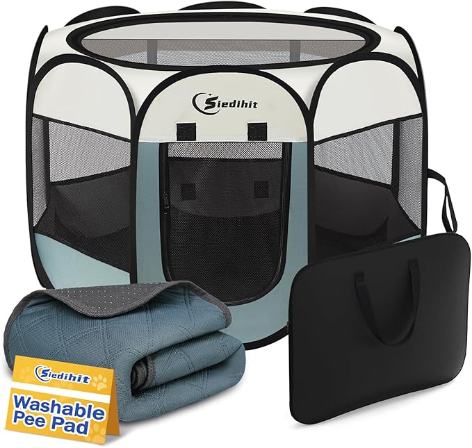 Medium Dog Cat Playpen, Puppy Pet Playpen Indoor for Dog Crate Tent Cage Outdoor, Portable Pop Up Dogs Enclosure Kennel with Carrying Case for Dogs/Cats/Rabbits (Grey with Pad, Medium)
