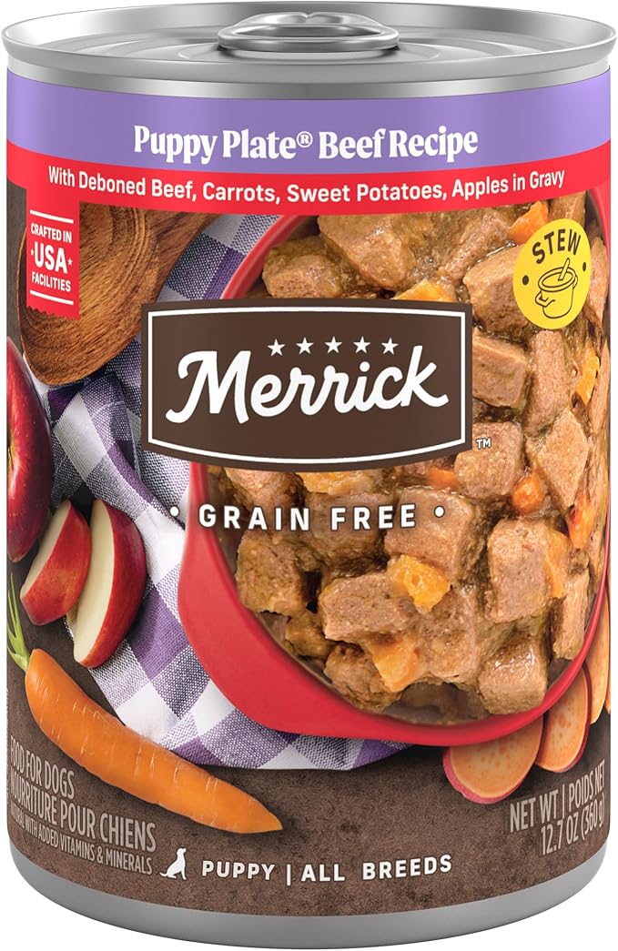 Merrick Grain Free Wet Puppy Food, Premium Soft And Gluten Free Canned Dog Food, Puppy Plate Beef Recipe - (Pack of 12) 12.7 oz. Cans