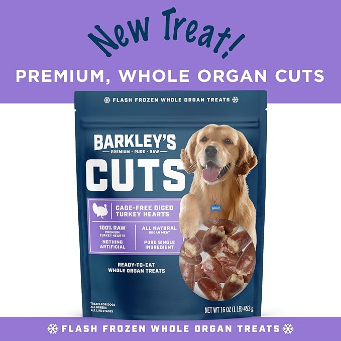 Barkley’s Cuts, Frozen Raw Diced Turkey Hearts Dog Treats, Single Ingredient, Flash Frozen, High Protein Training Treats and Food Toppers for Puppies and Dogs, Human Grade Ingredients, 16 Oz Bag