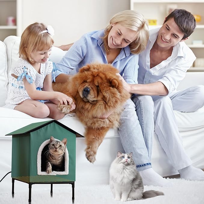 Heated Cat House for Indoor/Outdoor Use, Elevated/Insulated Feral Cat House, Heated Cat Bed with Pets Heating Pad, Warm House for Outside Stray Cats (Green,Medium)