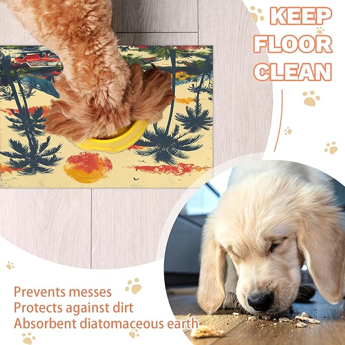 Palm Tree Dog Food Mat for Floors Absorbent, Quick Dry Water Dispenser Mat for Food, Water, Pet Supplies 24" x 32", Mountain