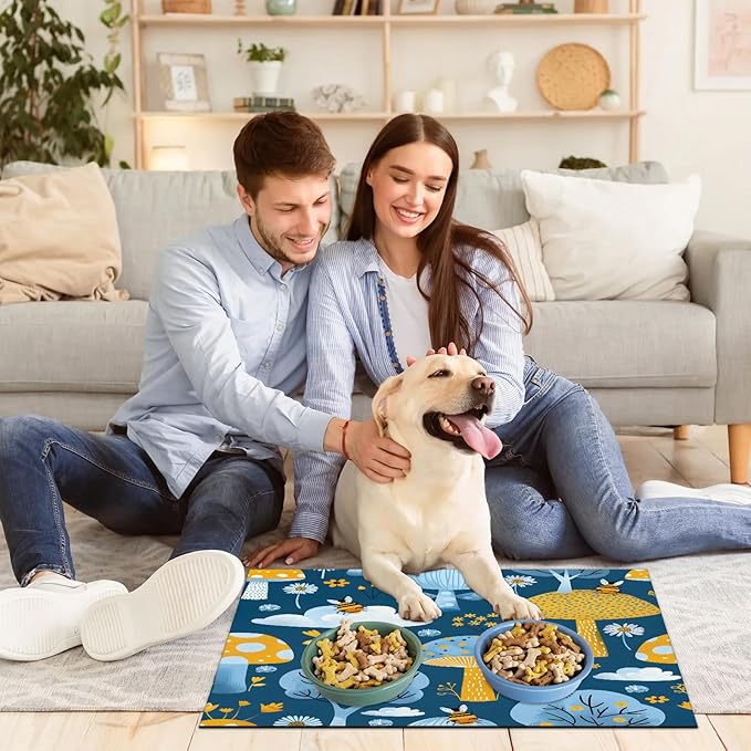 Tree Dog Food Mat for Floors Absorbent, Quick Dry Water Dispenser Mat for Food, Water, Pet Supplies 16" x 24", Flower