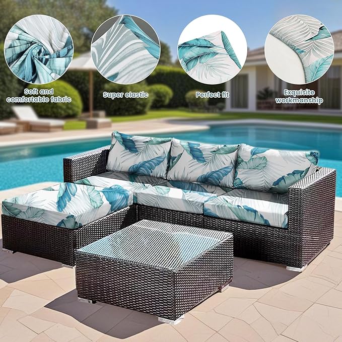 HANDONTIME 8Pcs Patio Cushion Covers Stretch Outdoor Couch Cover Replacement Cushions for Outdoor Furniture Waterproof Patio Furniture Covers for Pets Sofa Cover Washable (Blue Leave,Cover Only)
