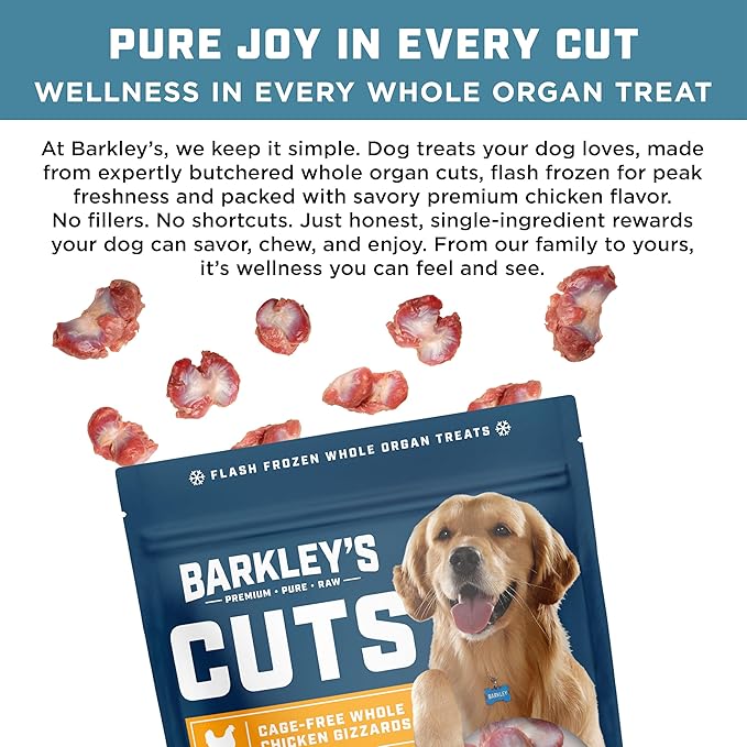 Barkley’s Cuts, Frozen Raw Whole Chicken Gizzards Dog Treats, Single Ingredient, Flash Frozen, High Protein Training Treats and Food Toppers for Puppies and Dogs, Human Grade Ingredients, 16 Oz Bag