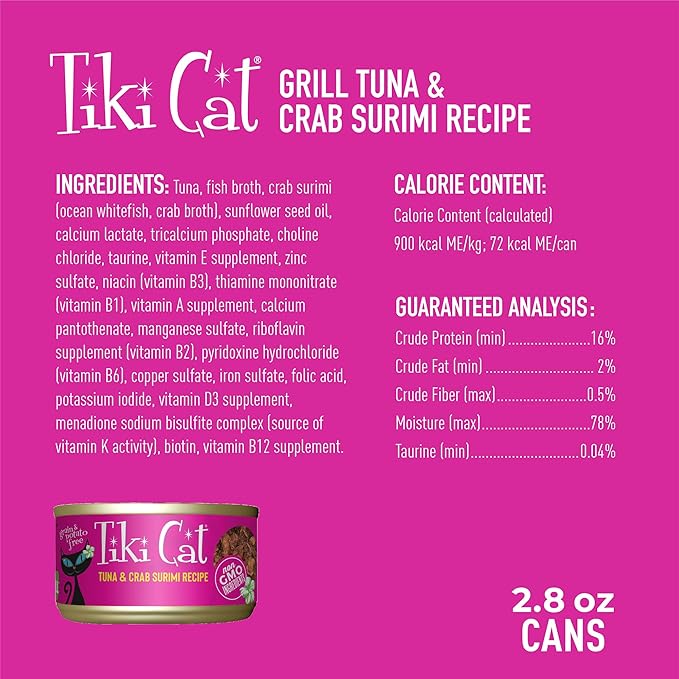 Tiki Cat Grill Wet Cat Food, Tuna & Crab Surimi, 2.8 oz. Cans (12 Count)