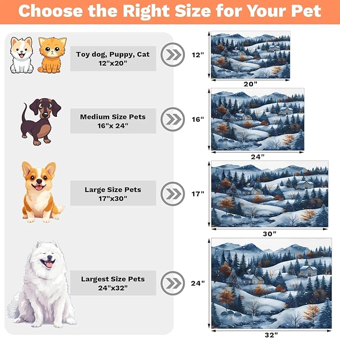 Village Dog Food Mat for Floors Absorbent, Quick Dry Water Dispenser Mat for Food, Water, Pet Supplies 16" x 24", Forest Snowflake