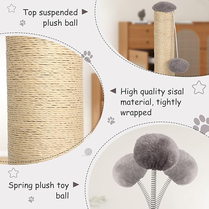 22 Inch Cat Scratching Post Cat Scratcher, Natural Sisal Rope Scratch Post Trees with Hanging Ball for Indoor Kittens