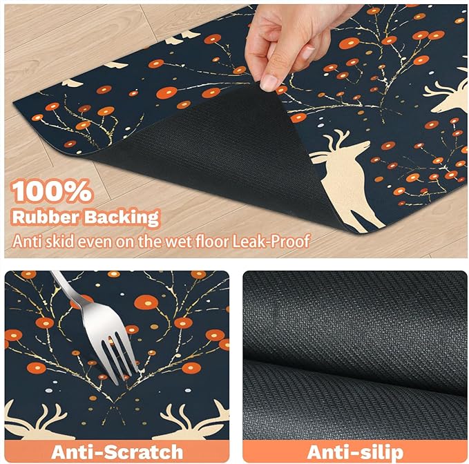 Christmas Deer Dog Food Mat for Floors Absorbent, Quick Dry Water Dispenser Mat for Food, Water, Pet Supplies 24" x 32", Holly