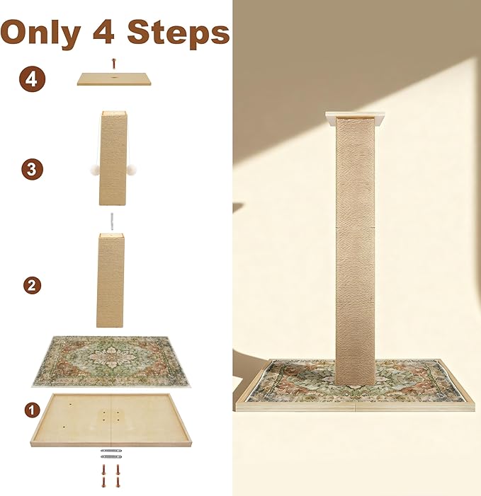 Tall Cat Scratching Post, 33" Boho Carpet Cat Scratcher with Perch for Indoor Cats, Large Base Sisal Scratch Post for Adults & Kittens with Dangling Ball Toy
