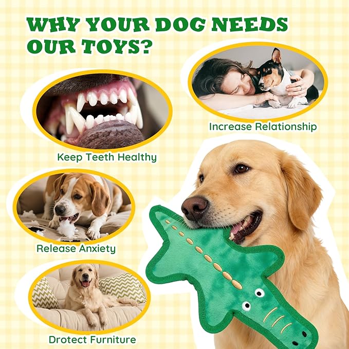 No Stuffing Dog Squeaky Toys, 1 PCS Tough Durable Plush Chew Toy for Boredom and Teething, Interactive Dog Toys for Small Medium Large Dogs to Keep Them Busy (Crocodile)