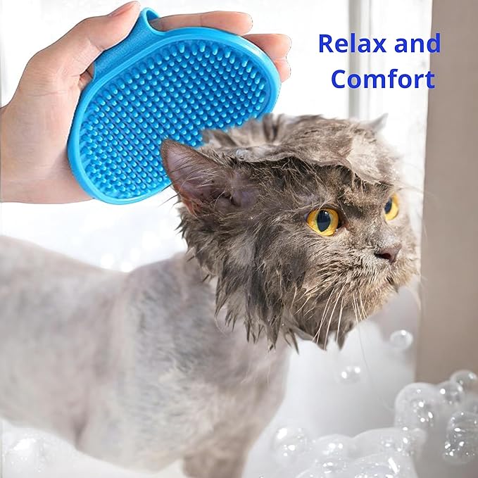 Cat Shower Cap and Bath Brush set, Cat Ear Cover and Grooming Bathing Brush for Cats Puppy Small Dogs, Cat Ear Protection Stuff, Small Dog Cat Bathing Supplies, Pet Accessories (Blue)