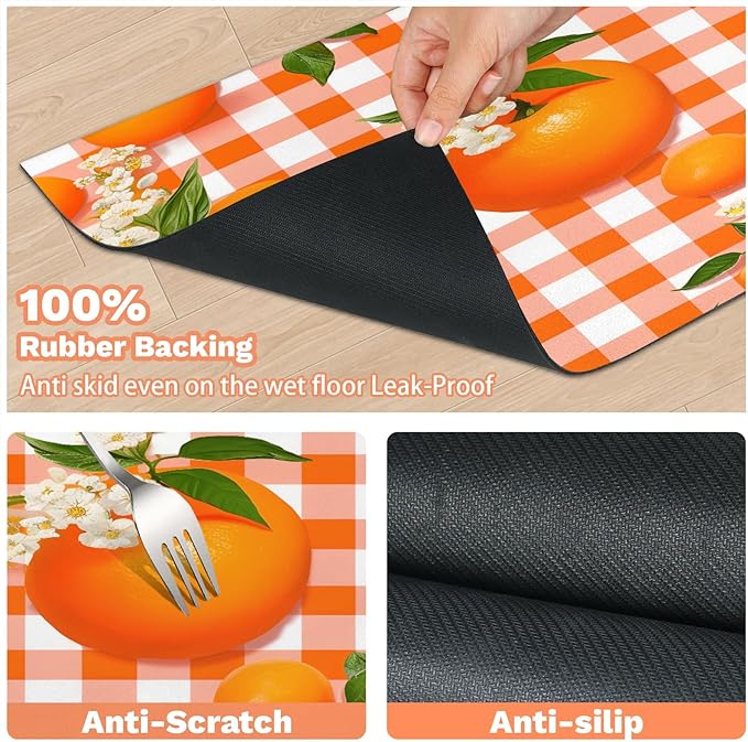 Orange Fruit Dog Food Mat for Floors Absorbent Dog Bowl Mat for Food and Water Dispenser Quick Dry Cat Food Placemat Pet Supplies 24" x 32", Buffalo Check