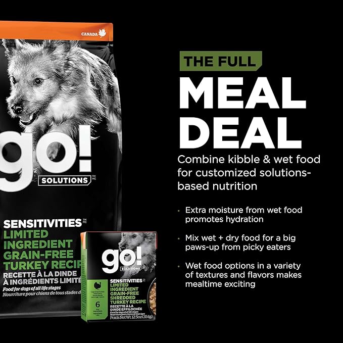 Go! Solutions Sensitivities Limited Ingredient, Grain-Free Wet Dog Food, Shredded Turkey Recipe for Sensitive Stomach, 12.5 oz (Pack of 4)