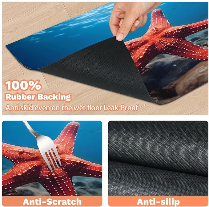 Red Starfish Dog Food Mat for Floors Absorbent Dog Bowl Mat for Food and Water Dispenser Quick Dry Cat Food Placemat Pet Supplies 12" x 20", Ocean Beach