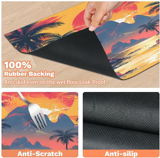 Coastal Sunset Dog Food Mat for Floors Absorbent, Quick Dry Water Dispenser Mat for Food, Water, Pet Supplies 17" x 30", Palm Tree
