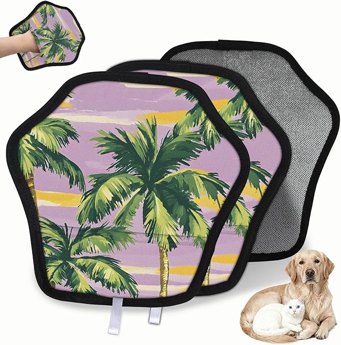Reusable Pet Hair Removal Glove Palm Trees Theme Magic Brush for Cat & Dog Hair Remover for Car, Sofa, Bedding, Clothes - 9x9 Mitt Washable