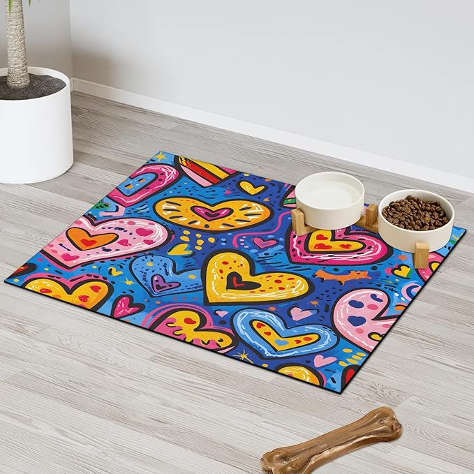 Colorful Love Dog Food Mat for Floors Absorbent, Quick Dry Water Dispenser Mat for Food, Water, Pet Supplies 12" x 20", Heart