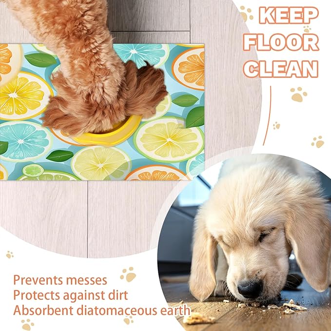 Lemon Dog Food Mat for Floors Absorbent Dog Bowl Mat for Food and Water Dispenser Quick Dry Cat Food Placemat Pet Supplies 24" x 32", Summer Fruit